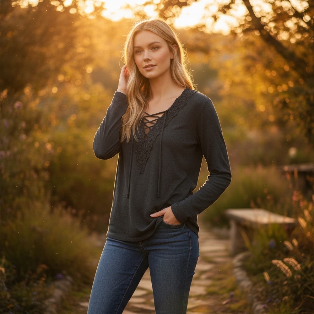 American Eagle Outfitters Soft and Sexy Charcoal Grey Lace-Up Long Sleeve Top